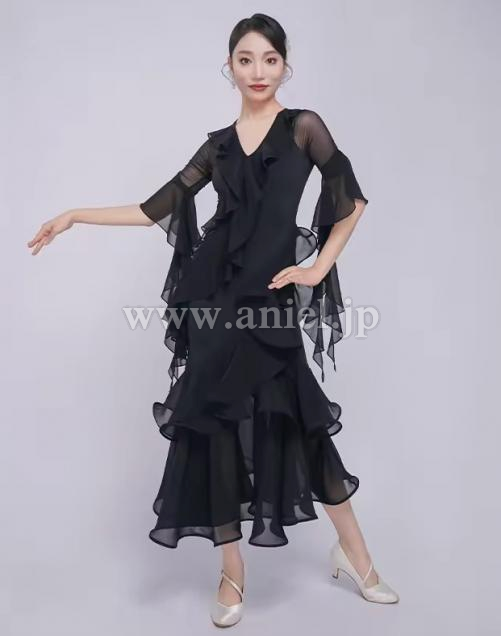 【即納】フリルレイヤーワンピース　ブラック