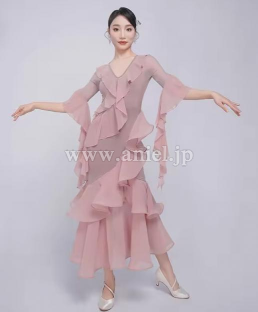 【即納】フリルレイヤーワンピース　くすみピンク