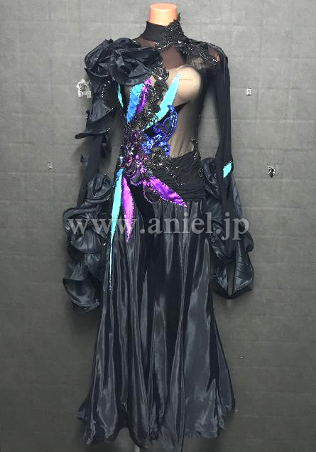 M8636・【gentil】黒&紫&緑パンツドレス