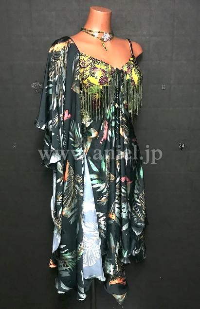 L7162・【gentil】緑&花柄ルンバドレス