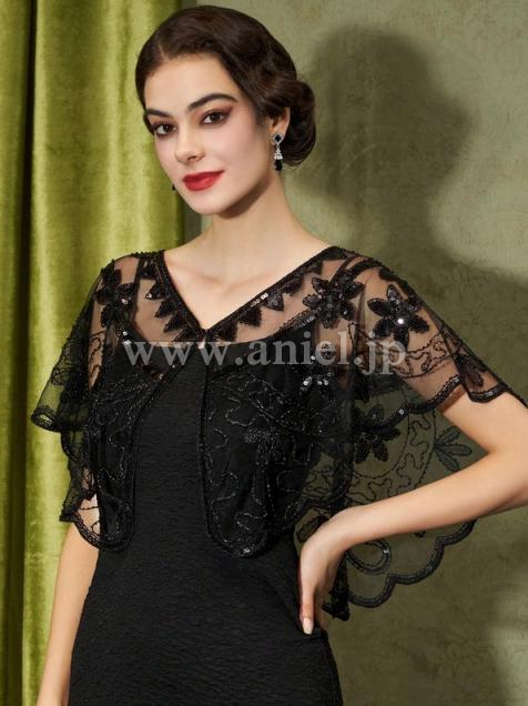 【即納】ブラックスパンコール刺繍ショール