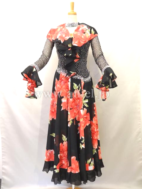 L1872・黒&赤花柄パソドレス※試着不可