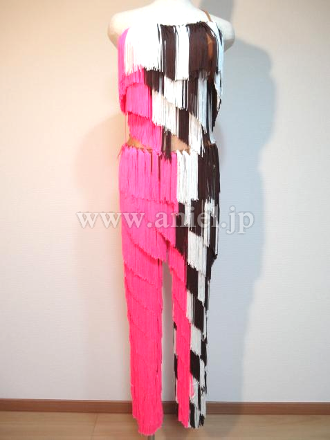 L2927・ピンク&白&茶パンツドレス