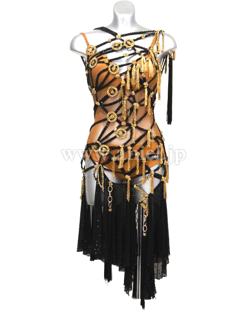 社交ダンス用ドレス 黒と金色 ビーズ装飾