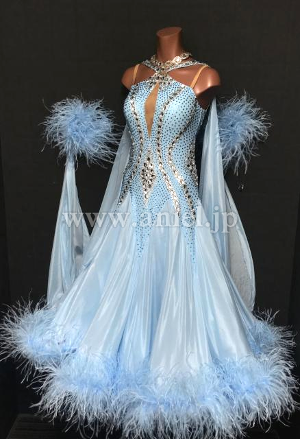 青色のファー付き社交ダンスドレス 社交ダンスドレス・衣装のドレス
