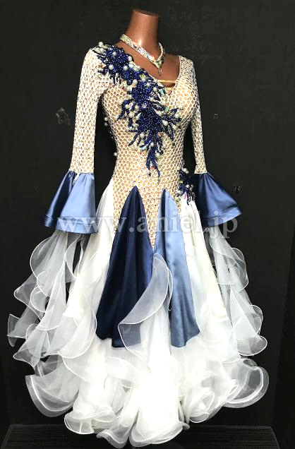 社交ダンスドレス 白と青のフリル 社交ダンスドレス 白と青のフリル 社交ダンスドレス・衣装の