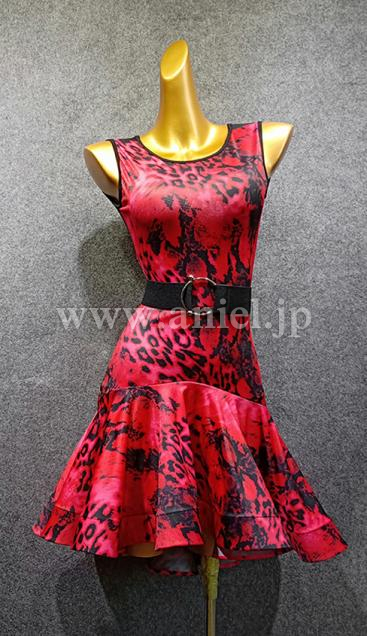 【即納】赤ヒョウ柄フレアスカートドレス
