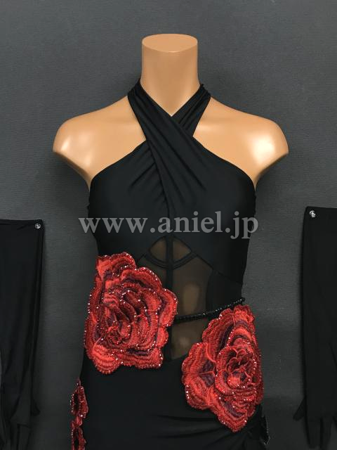 社交ダンス用ドレス 黒とピンクの花柄 Vネック